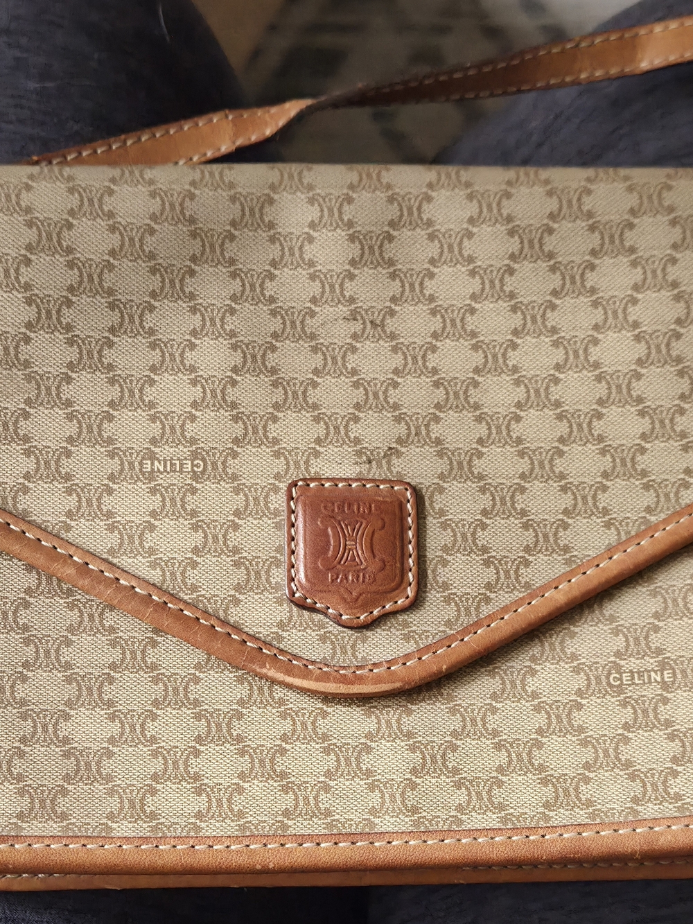Vintage Celine Brown Monogram Canvas Shoulder Bag with Tan Leather Trim